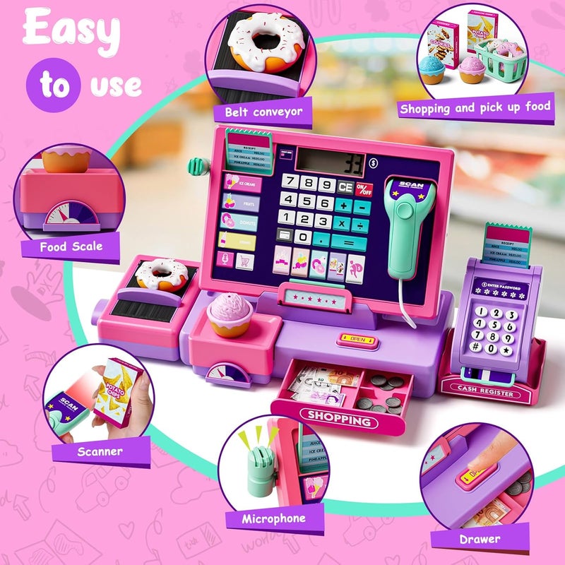 maysida Store لعبة صندوق النقود للأطفال المحسّنة للأولاد والبنات، لعبة تسجيل النقود التظاهرية مع ملحقات المتجر، صندوق النقود مع آلة حاسبة وماسح ضوئي/بطاقة ائتمان (وردي) - Image 4